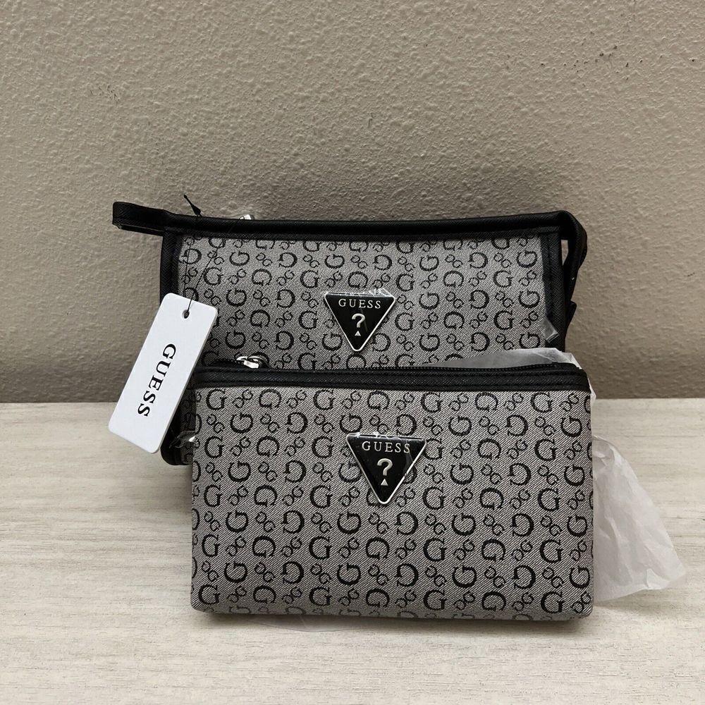 GUESS BLACK LOGO COSMETIC JUNCTION TRAVEL MAKE UP CASES Set Of 2